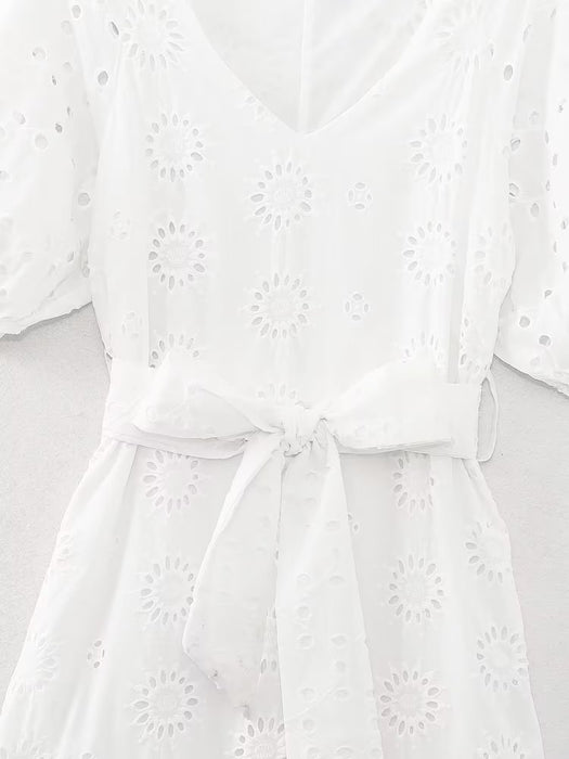 Spring Women  Clothing French Sexy White Moonlight Hollow Out Cutout Design with Belt Embroidered Dress