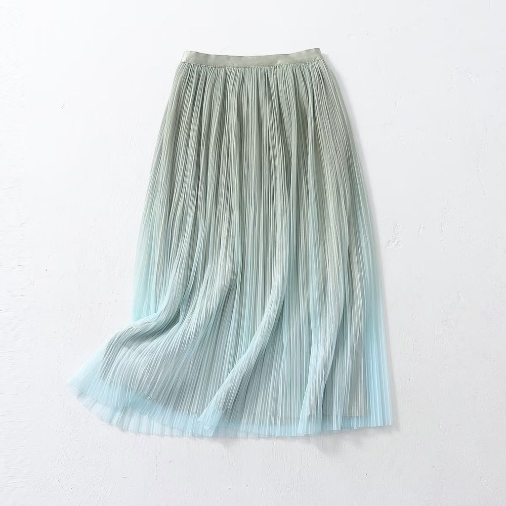 Elegant Graceful Gradient Color Pleated Skirt Spring Summer Light Luxury High Waist A line Skirt