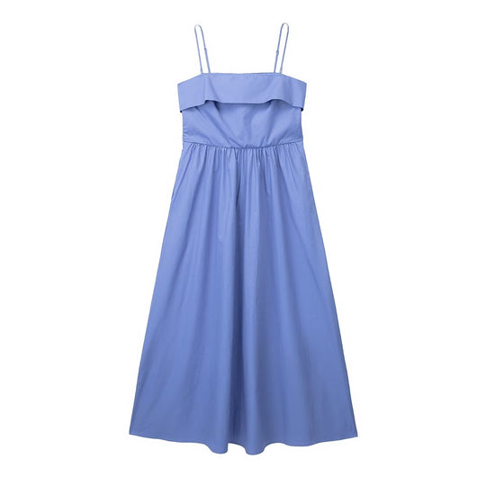 Summer Wind Women Solid Color Cotton Midi   Strap Dress