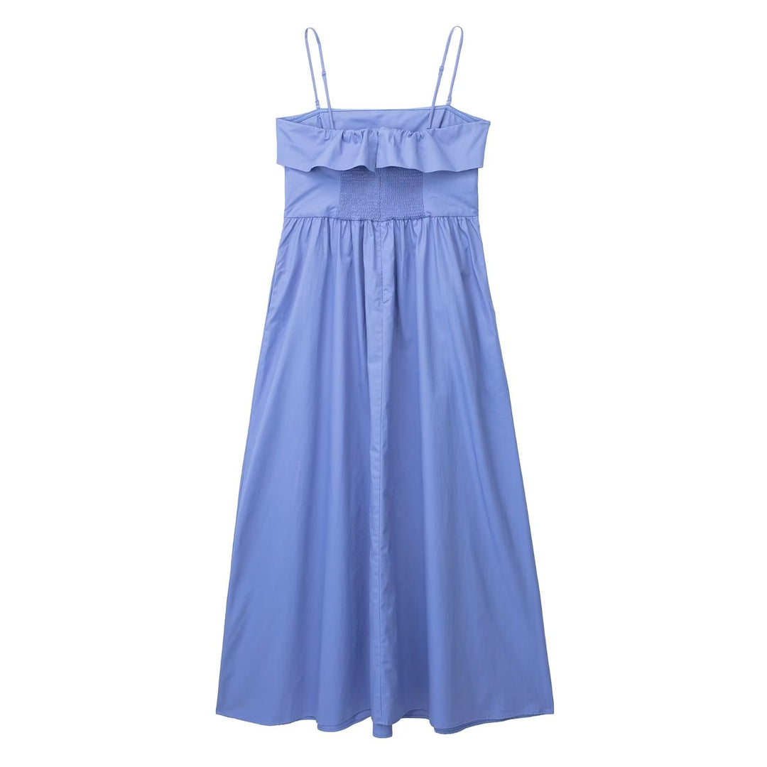 Summer Wind Women Solid Color Cotton Midi   Strap Dress