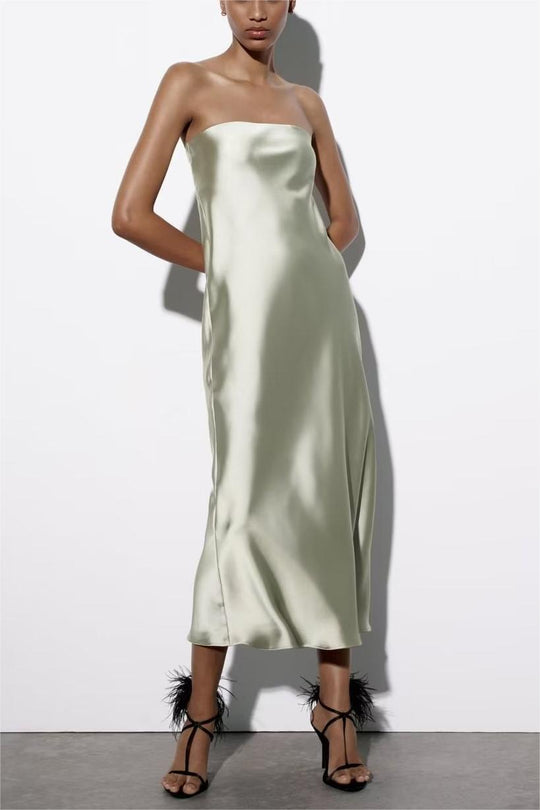 Spring Women Urban Casual Silk Satin Texture Tube Dress