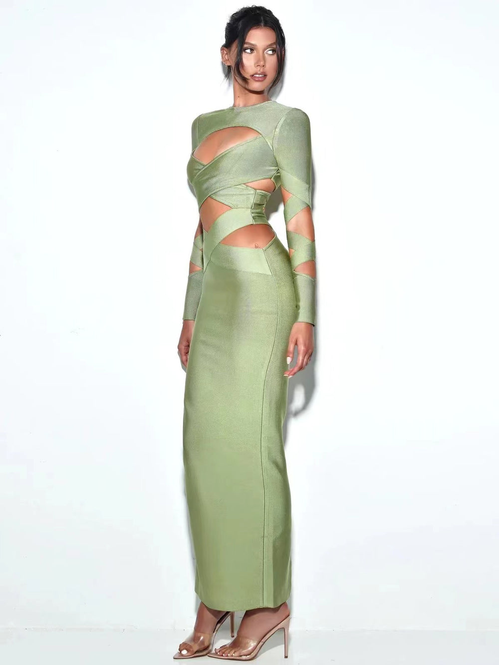 Socialite Low Cut Bandage CrissCross Cropped Outfit Hollow Out Cutout Long Slim Dress