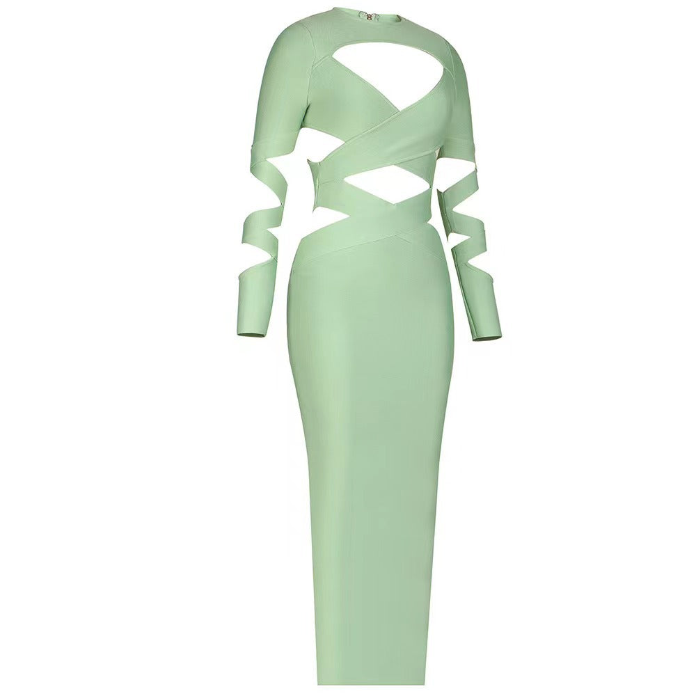 Socialite Low Cut Bandage CrissCross Cropped Outfit Hollow Out Cutout Long Slim Dress
