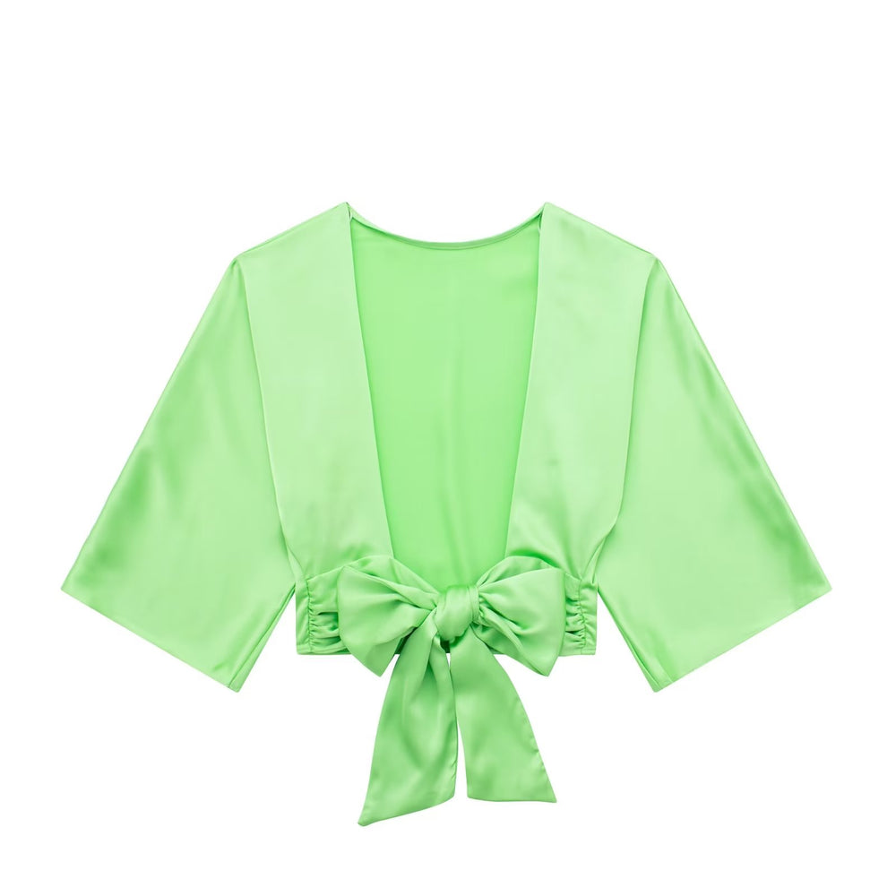 Summer Wind Women Bowknot Decoration Silk Satin Textured Shirt Set