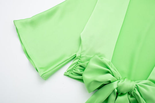 Summer Wind Women Bowknot Decoration Silk Satin Textured Shirt Set