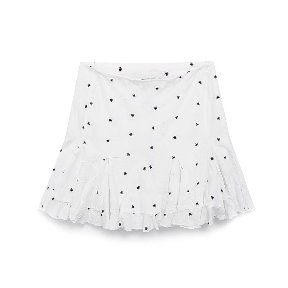 Summer Women Clothing Contrast Color Embroidery Decorative High Waist Mini Skirt