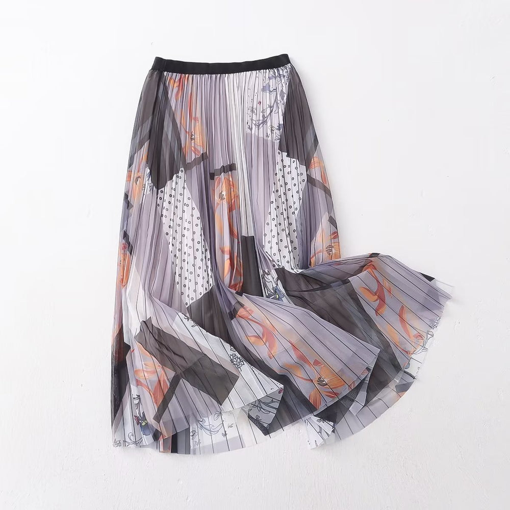 Women Retro Artistic  Printed Skirt Women Mid Length Mesh