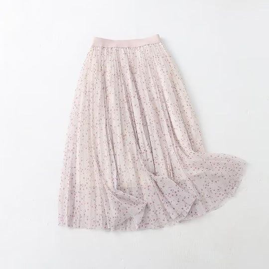Fresh Sweet Women  Skirt Summer   Printed High Waist Big Swing Pleated Mesh Skirt