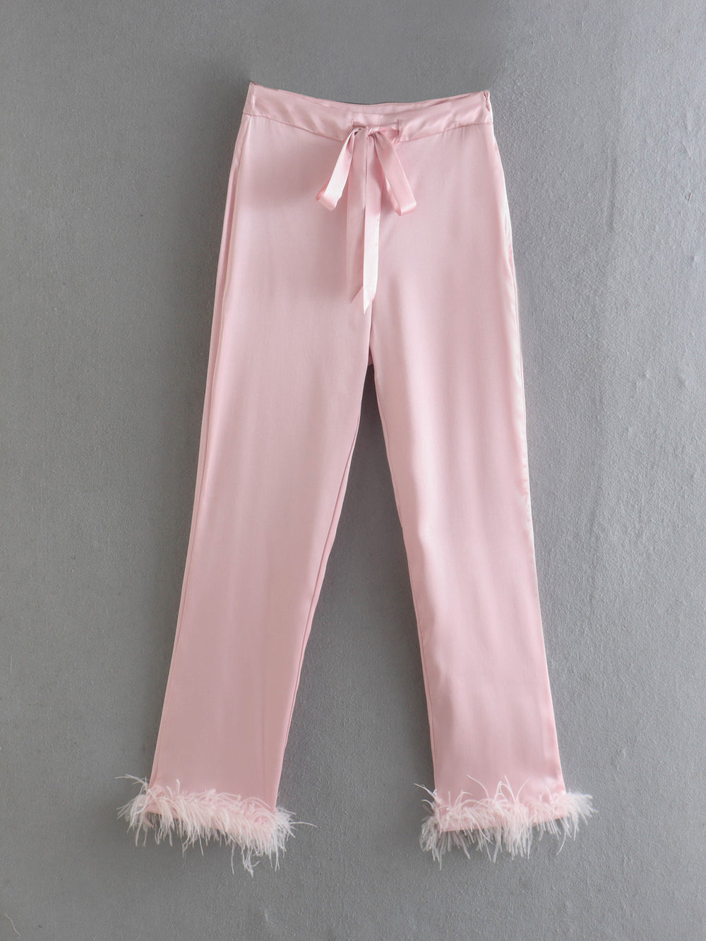 Women Clothing Summer Lace up Feather Decoration Casual Straight Pants Women  Trousers & TOP F00122614