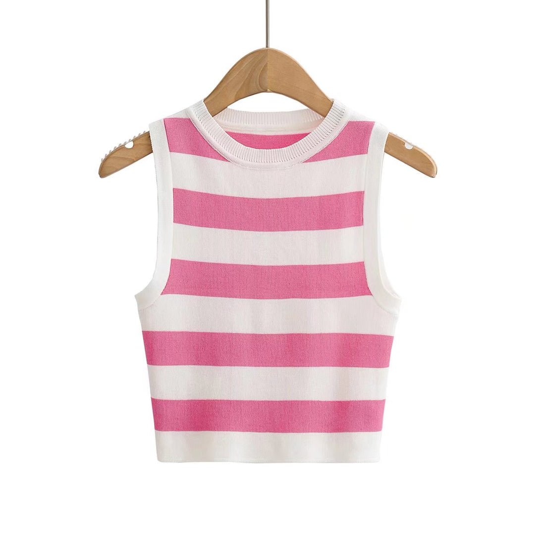 Vest Single Layer Short round Neck Large Striped Slim Slimming Sleeveless Knitted Running Fitness Top