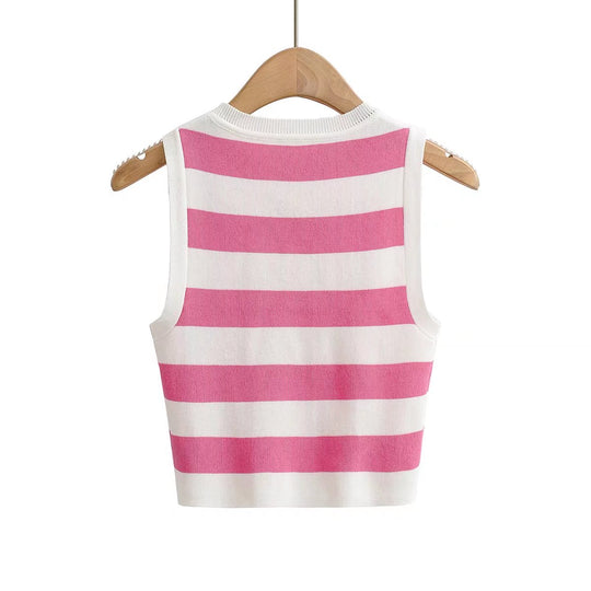 Vest Single Layer Short round Neck Large Striped Slim Slimming Sleeveless Knitted Running Fitness Top