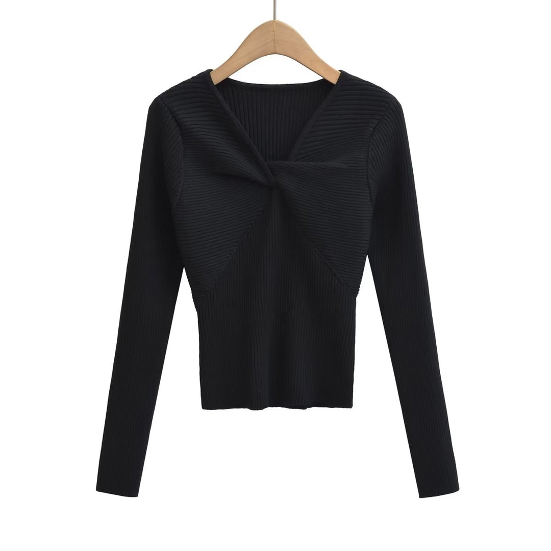 Autumn Solid Color Twisted Knot V neck Pullover Long Sleeve Knitted Top