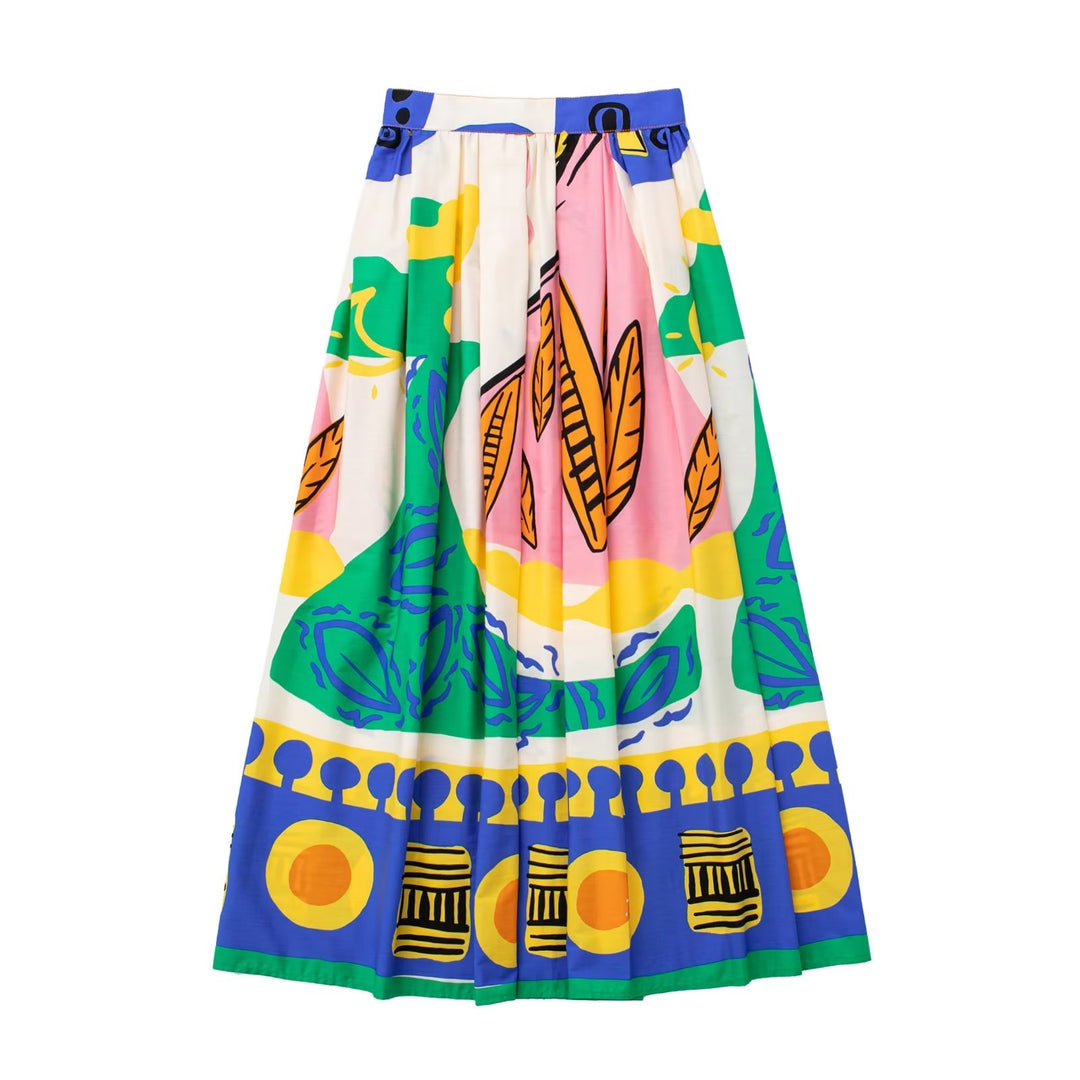 Summer Women Clothing Printed Cotton Short Top High Waist Skirt