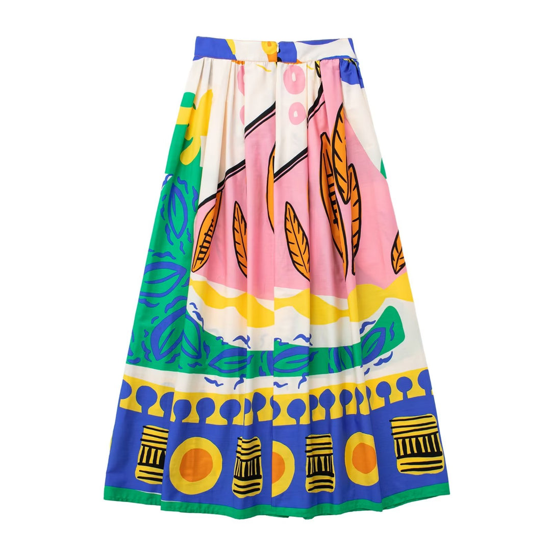 Summer Women Clothing Printed Cotton Short Top High Waist Skirt