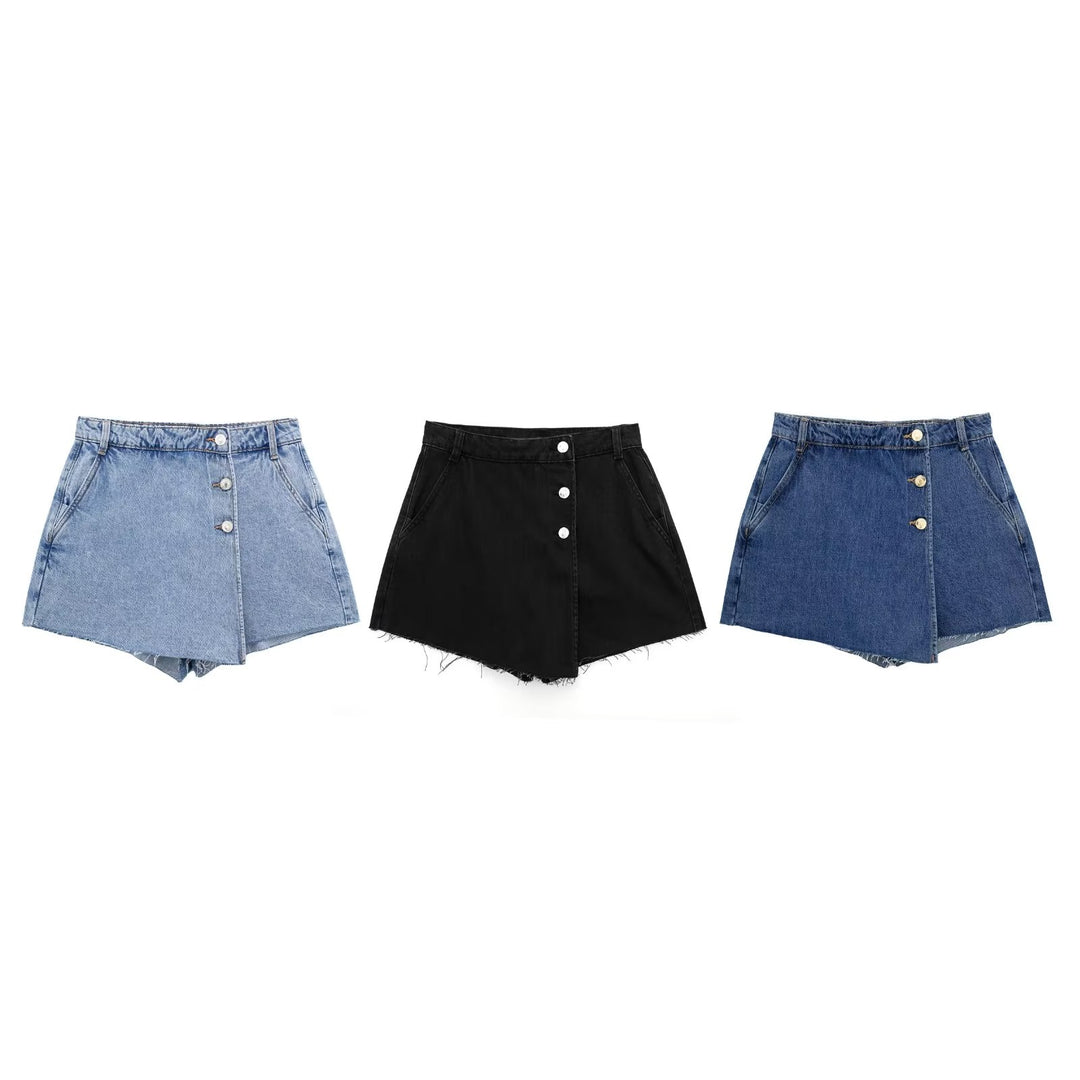 Summer Women Casual Decorated Row Button Double Breasted Denim Skirted Leggings