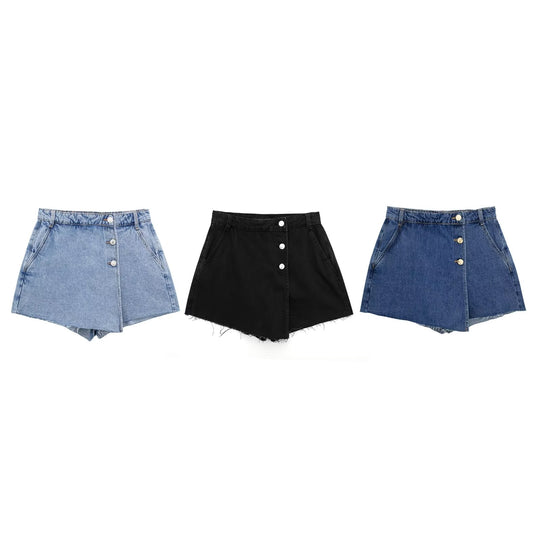 Summer Women Casual Decorated Row Button Double Breasted Denim Skirted Leggings