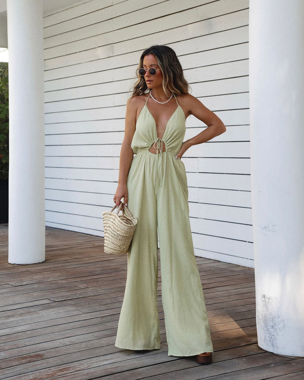 Ladies Spring Summer Sexy Backless Halter Chest Wrapped Wide Leg Flared Jumpsuit