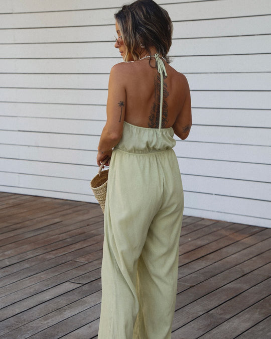 Ladies Spring Summer Sexy Backless Halter Chest Wrapped Wide Leg Flared Jumpsuit