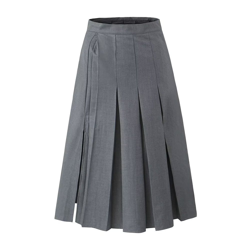 Spring Summer Autumn Black High Waist A line Skirt Summer Gray Pleated Long Skirt Women