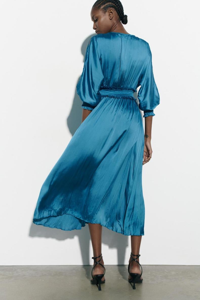 Summer French Women V neck Tight Waist Wrinkle Effect Silk Satin Texture Dress