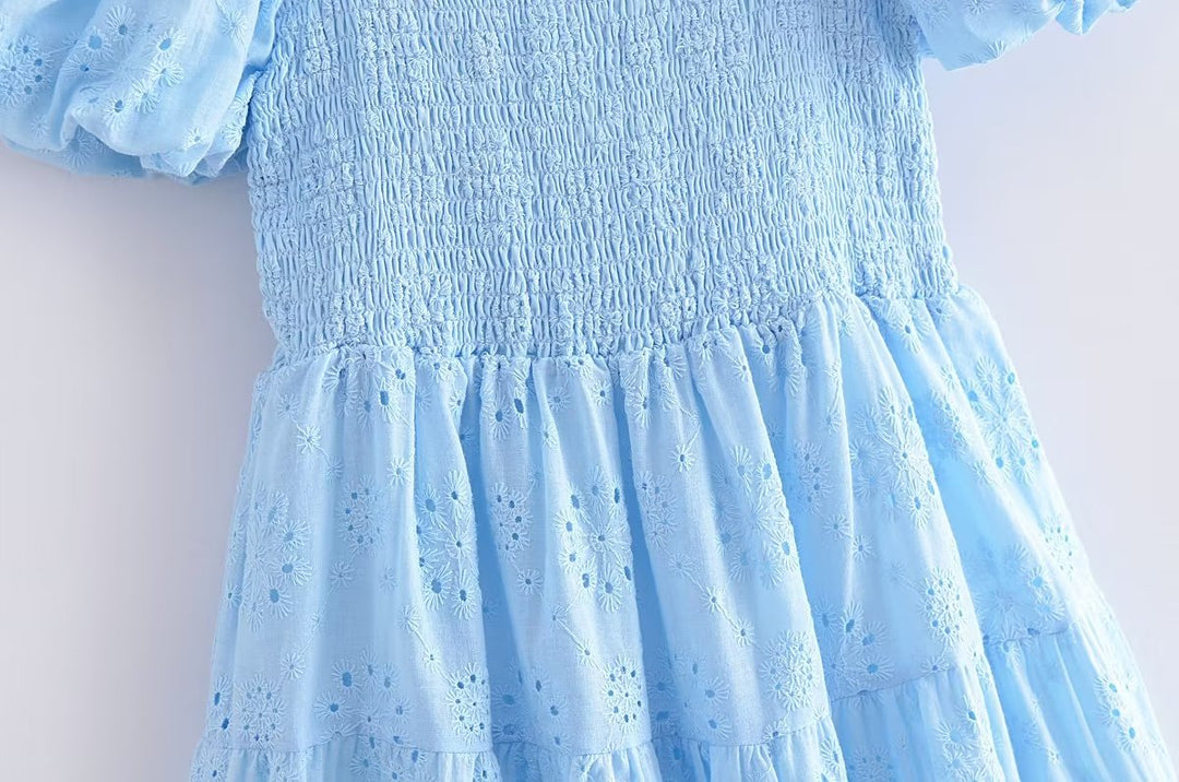 Summer French Hollow Out Cutout Blue Elastic Wrapped Chest Bubble Sleeve Square Collar Princess Dress Puff Sleeve Dress