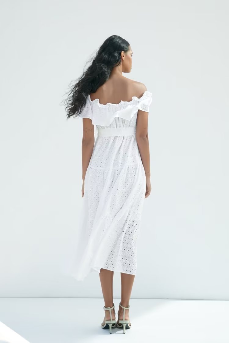 Women  Clothing Ra White Hollow Out Cutout  Embroidery Midi Dress Dress Long Dress