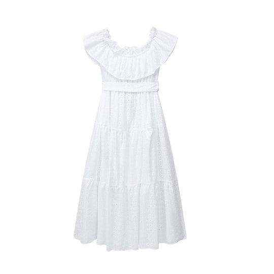 Women  Clothing Ra White Hollow Out Cutout  Embroidery Midi Dress Dress Long Dress