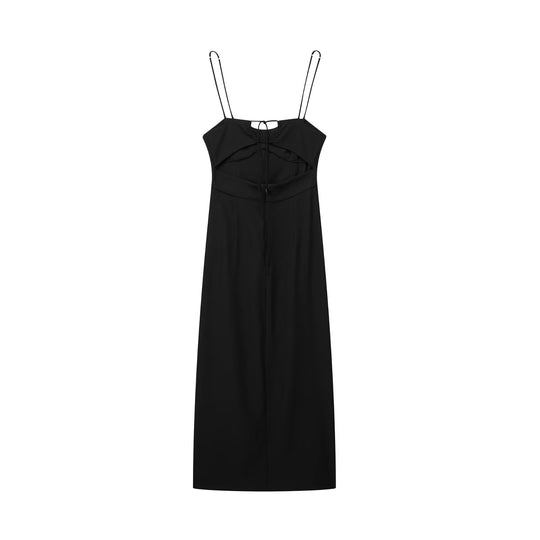 Spring Women  Clothing V neck Brace Solid Color Waist Tight Slit Strap Dress Maxi Dress