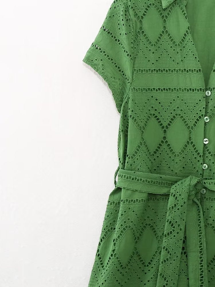 Collared Short Sleeve with Belt Hollow Out Cutout Embroidered Laminated Decoration Shirt Dress