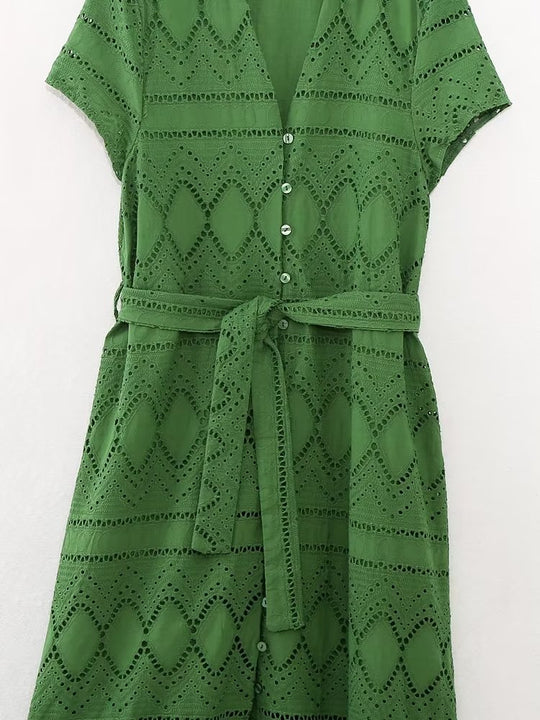 Collared Short Sleeve with Belt Hollow Out Cutout Embroidered Laminated Decoration Shirt Dress