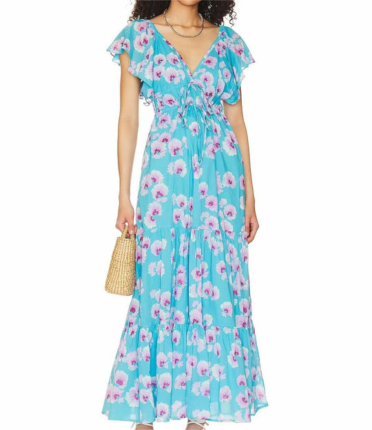 Summer Women Sweet Elegant V Neck Mid Length Knee Length Short-Sleeved French Floral Chiffon Dress