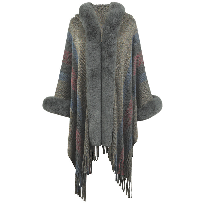 Hooded Cape for Women Autumn Winter Striped Knitted Tassel Shawl