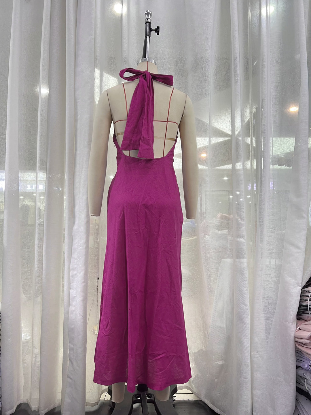 Summer Women Backless Design Dinner Linen Blend Hanging Collar Dress