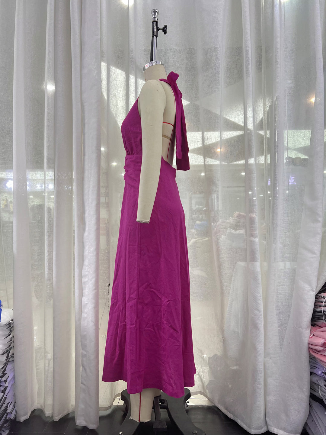 Summer Women Backless Design Dinner Linen Blend Hanging Collar Dress