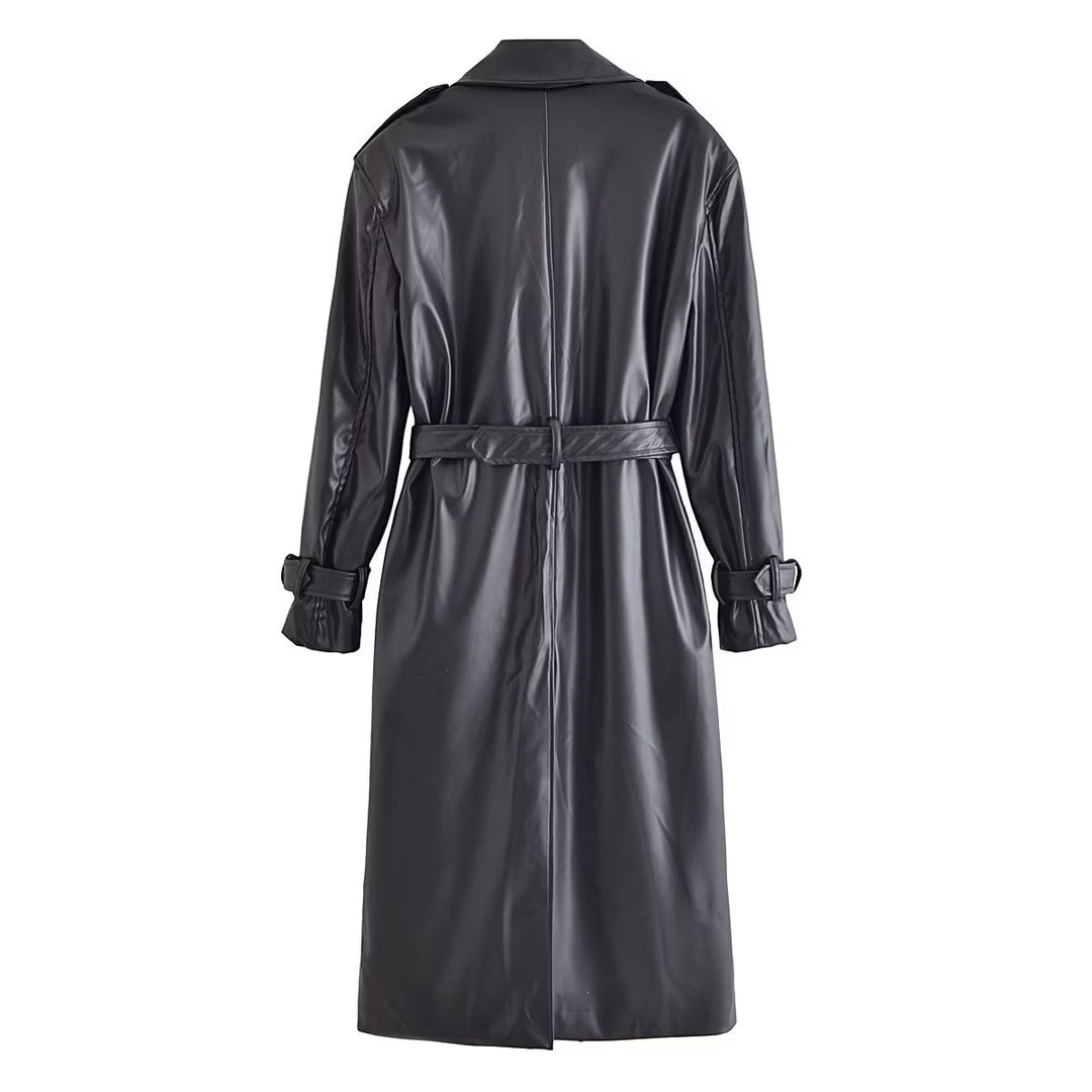Fall Women Clothing with Belt Black Faux Leather Trench Coat