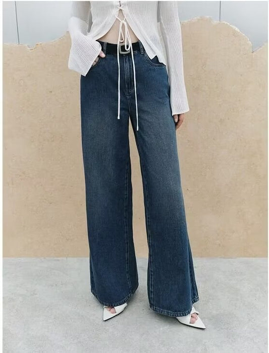 Wide Leg Straight Jeans Women Autumn Winter Loose High Waist All Matching Casual Pants Belt