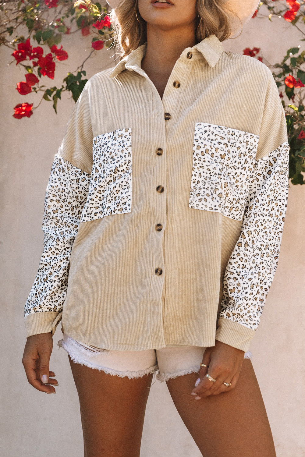 Cotton Linen Pocket Decorative Shirt Women Leopard Print Long Sleeve Loose Mid Length Shirt