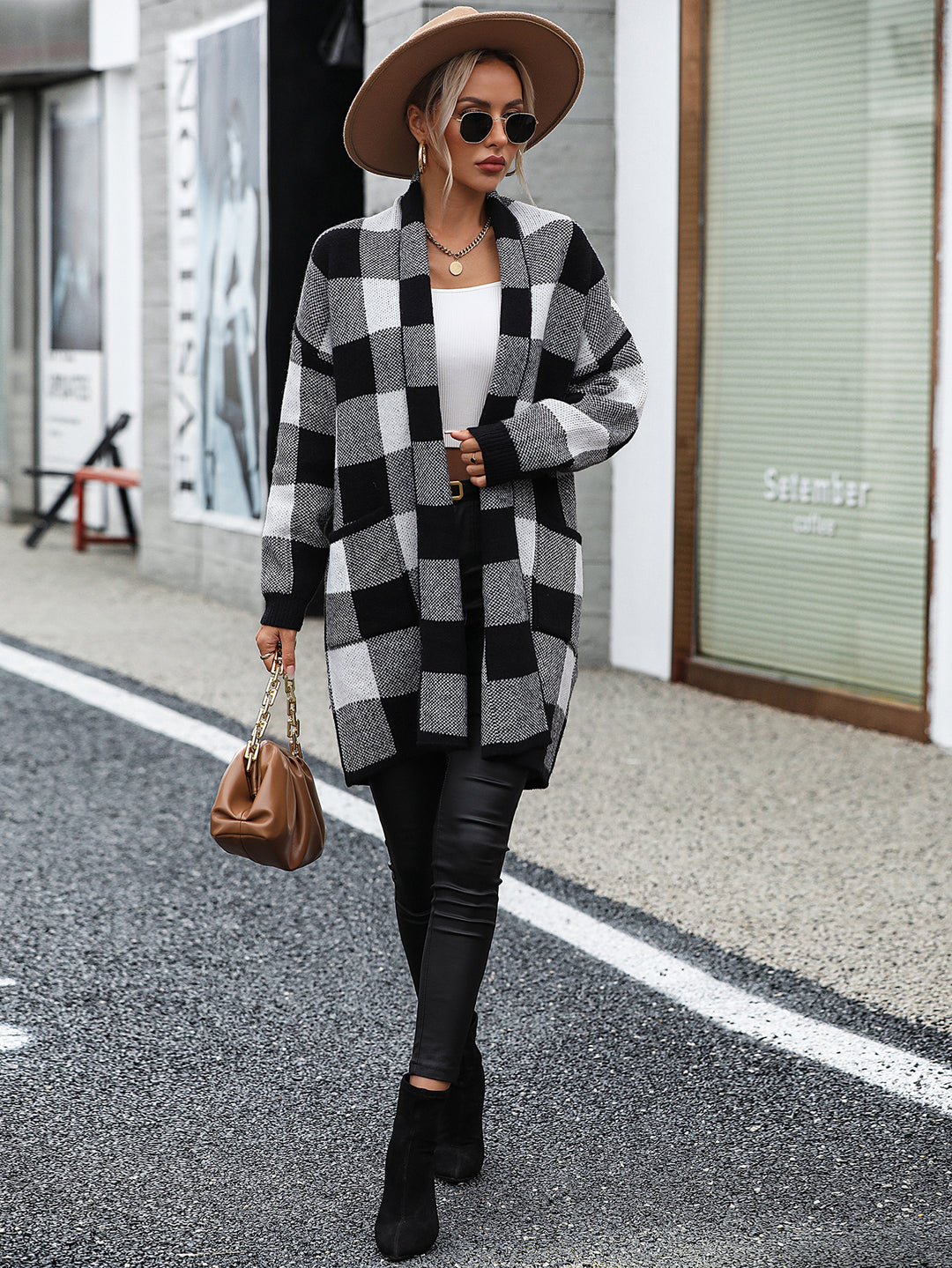 Coat Loose Plaid Color Stitching Knitted Cardigan Sweater Women