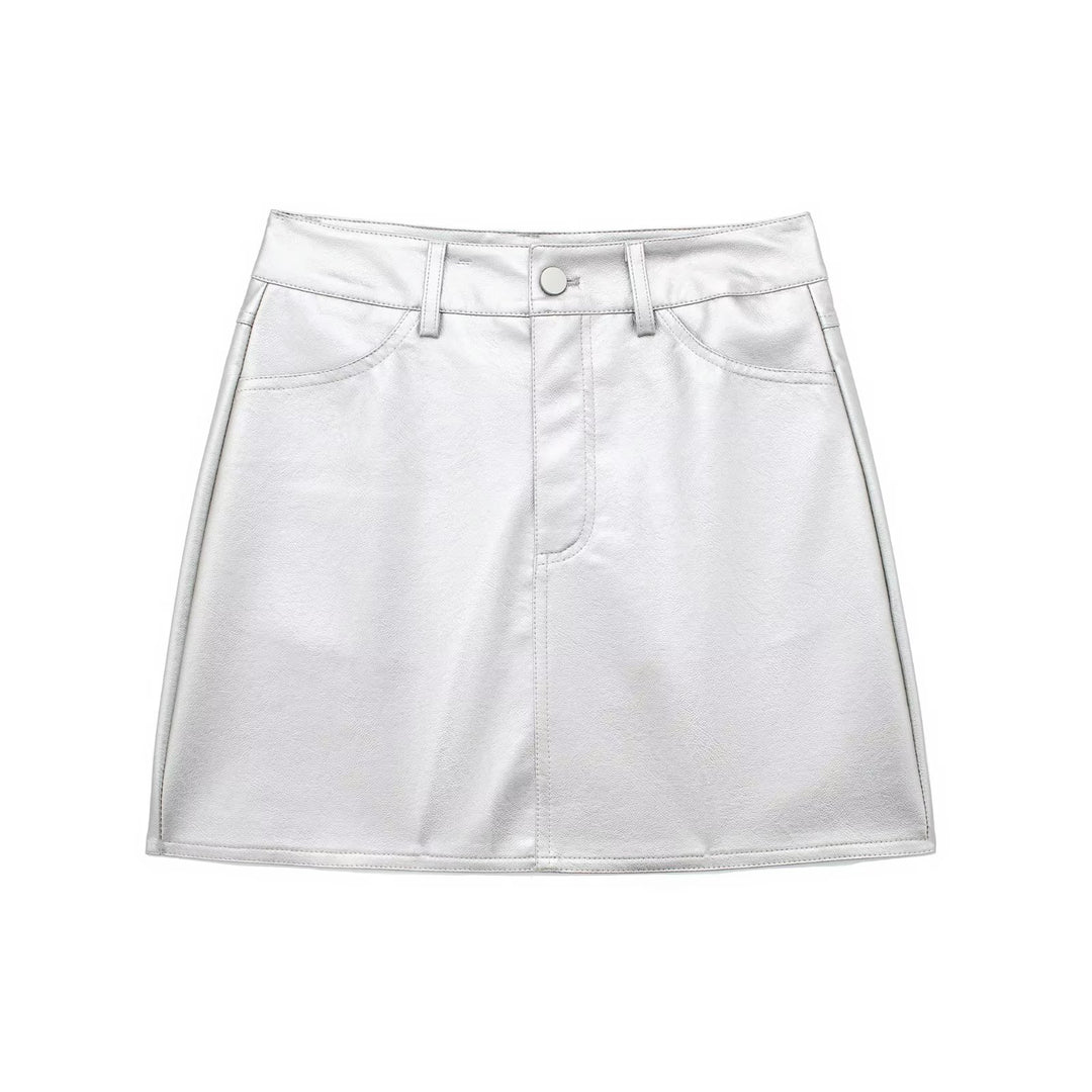 Silver Faux Leather Mini Skirts Sexy High Waist Skirt Lady Short White