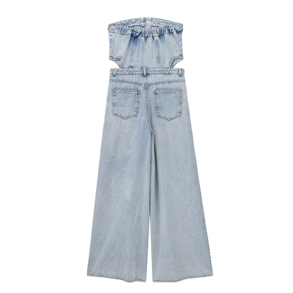 Summer Hollow Out Cutout out Shoulder Baring Tight Waist Slim Fit Tube Top Denim Jumpsuit Trousers for Women