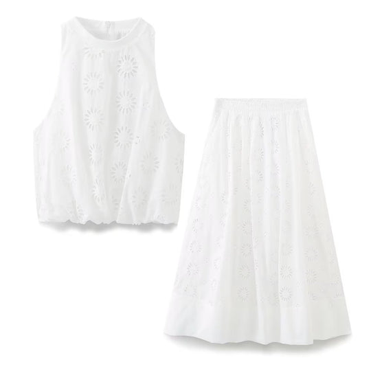 Summer Women  Clothing  Hollow Out Cutout Embroidered Top Skirt Set