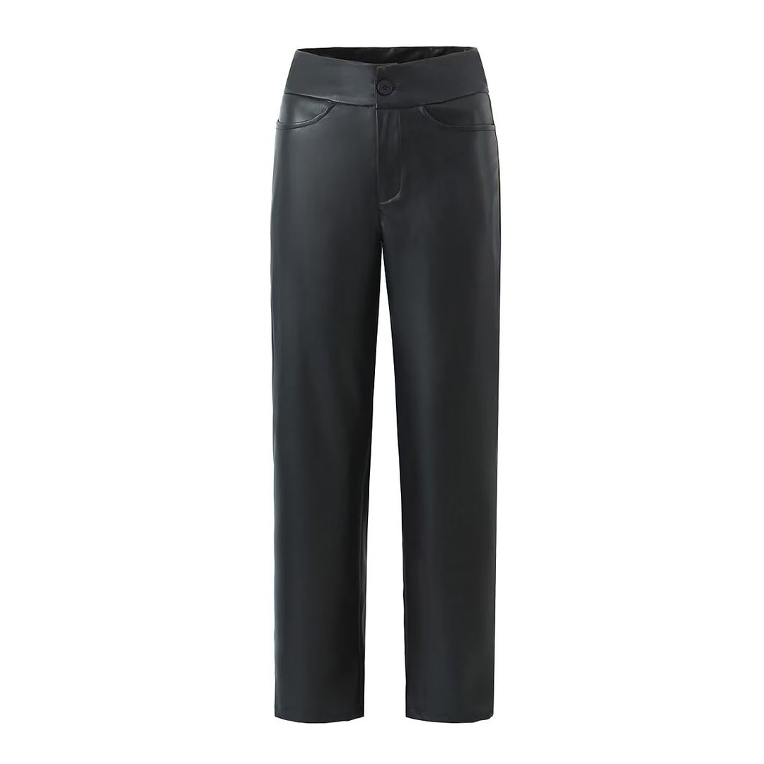 Autumn Winter Women Clothing Straight Slim Fit Leather Pants Trousers