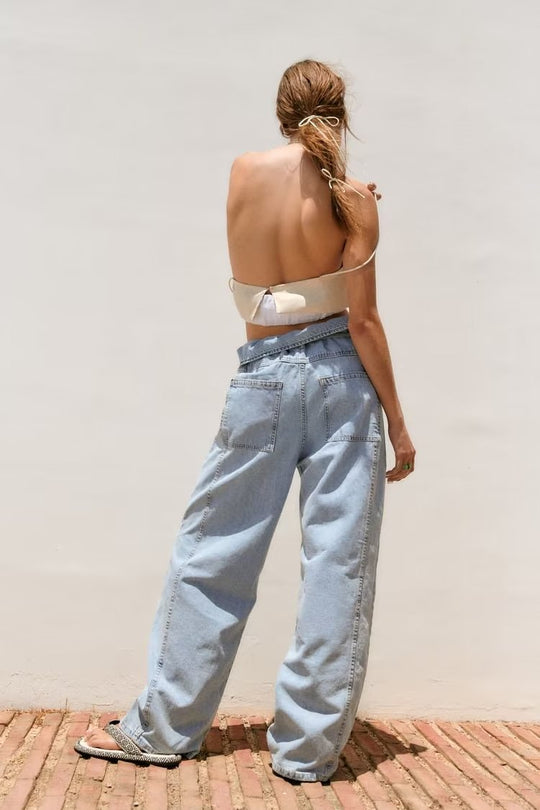 Summer Women Clothing with Belt Pleated High Waist Jeans