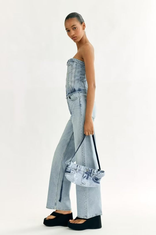 Summer Casual All Matching Cropped Outfit Hollow Out Cutout out Shoulder-Baring Tube Top Denim Jumpsuit
