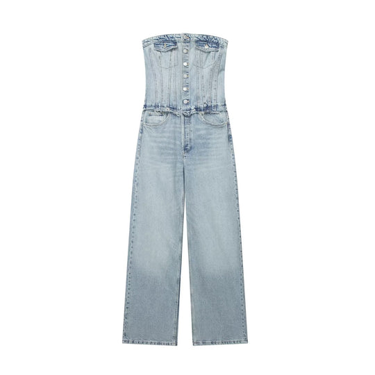 Summer Casual All Matching Cropped Outfit Hollow Out Cutout out Shoulder-Baring Tube Top Denim Jumpsuit