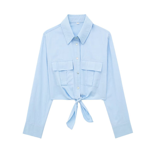 Summer Women Clothing Collared Long Sleeve Short Bow Tie Striped Shirt