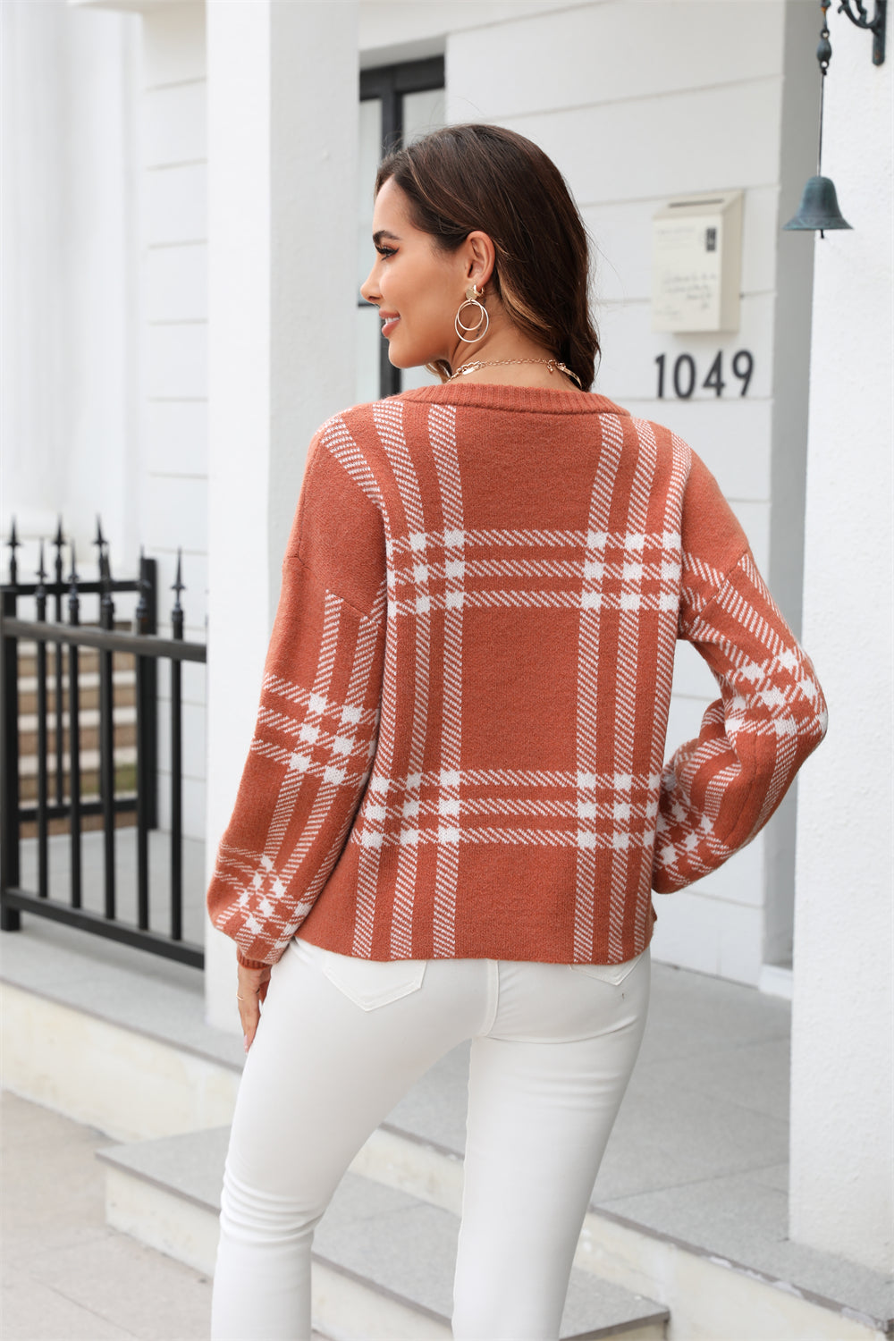 Autumn Winter Women Sweater Large Plaid Stitching Casual Pullover Round Neck Sweater