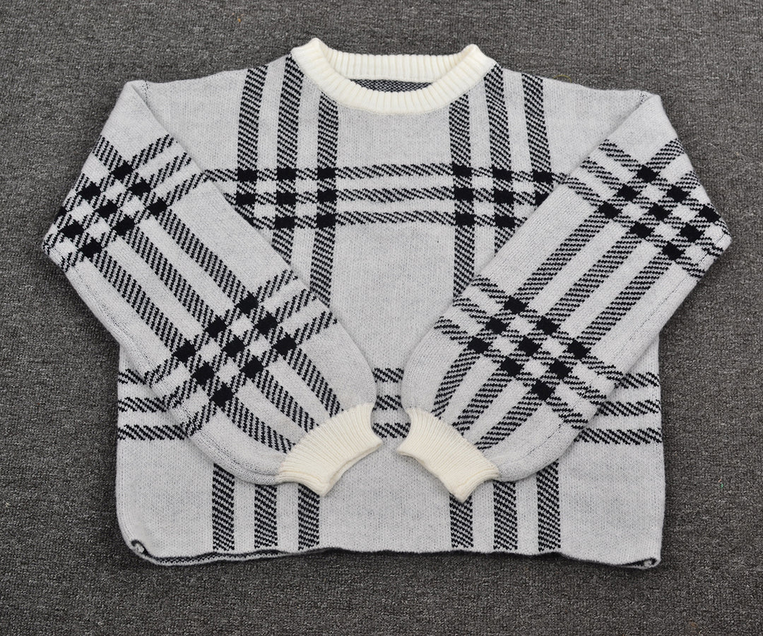 Autumn Winter Women Sweater Large Plaid Stitching Casual Pullover Round Neck Sweater