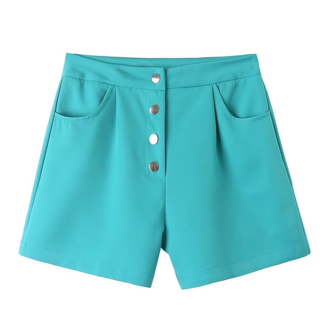 Collared Single Breasted Short-Sleeved Top High Waist Solid Color Shorts Summer Casual Two-Piece Set Women