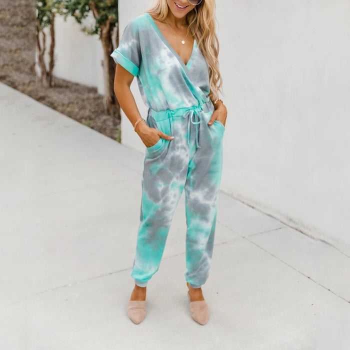 Women Tie Dyed Printed V Neck Short Sleeved Casual Jumpsuit